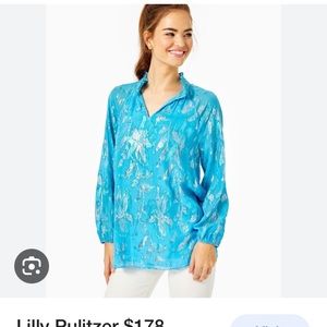 NWOT Lilly Pulitzer Galiana metallic turquoise blue silk blouse S